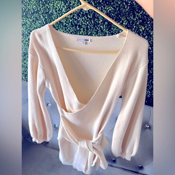 Ivory Long Sleeve V-Neck Sweater Mini Dress by Fashion Nova - Picture 1 of 2